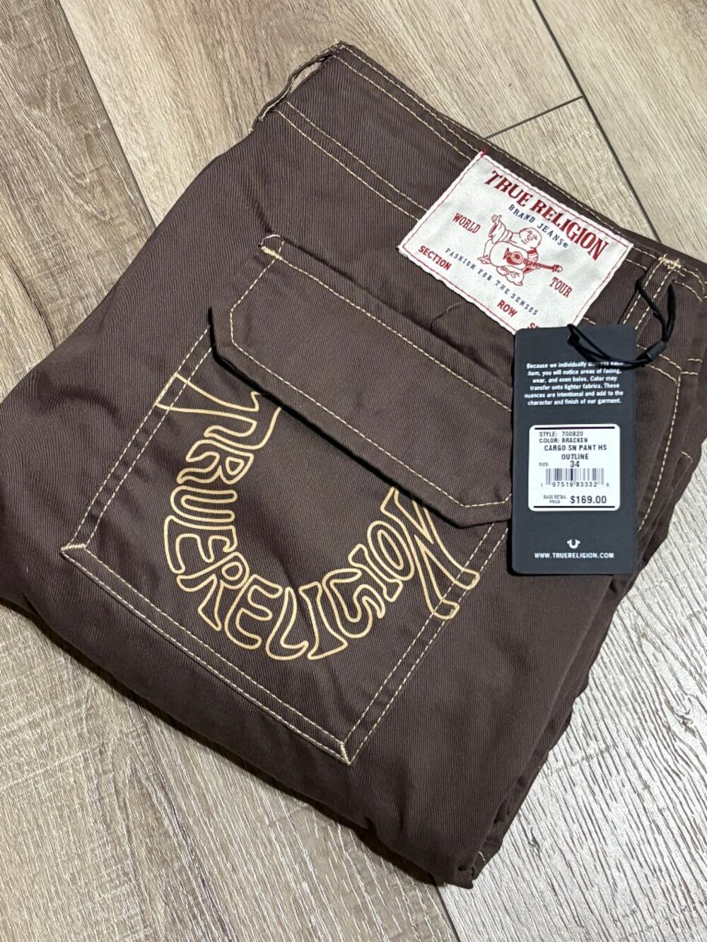 True Religion Brown Cargo Pants with Tan Stitching and Logo